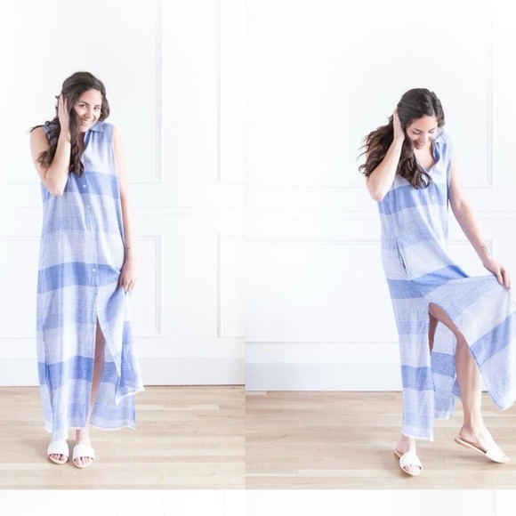 Bella Dahl Frayed Hem Duster Blue Striped Maxi Dress Linen Blend Size S - Picture 1 of 11